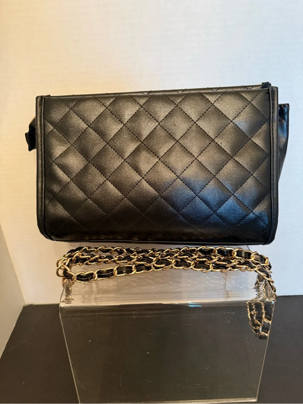 Younique Black Faux Lesther Quilted Crossbody with Gold Chain
